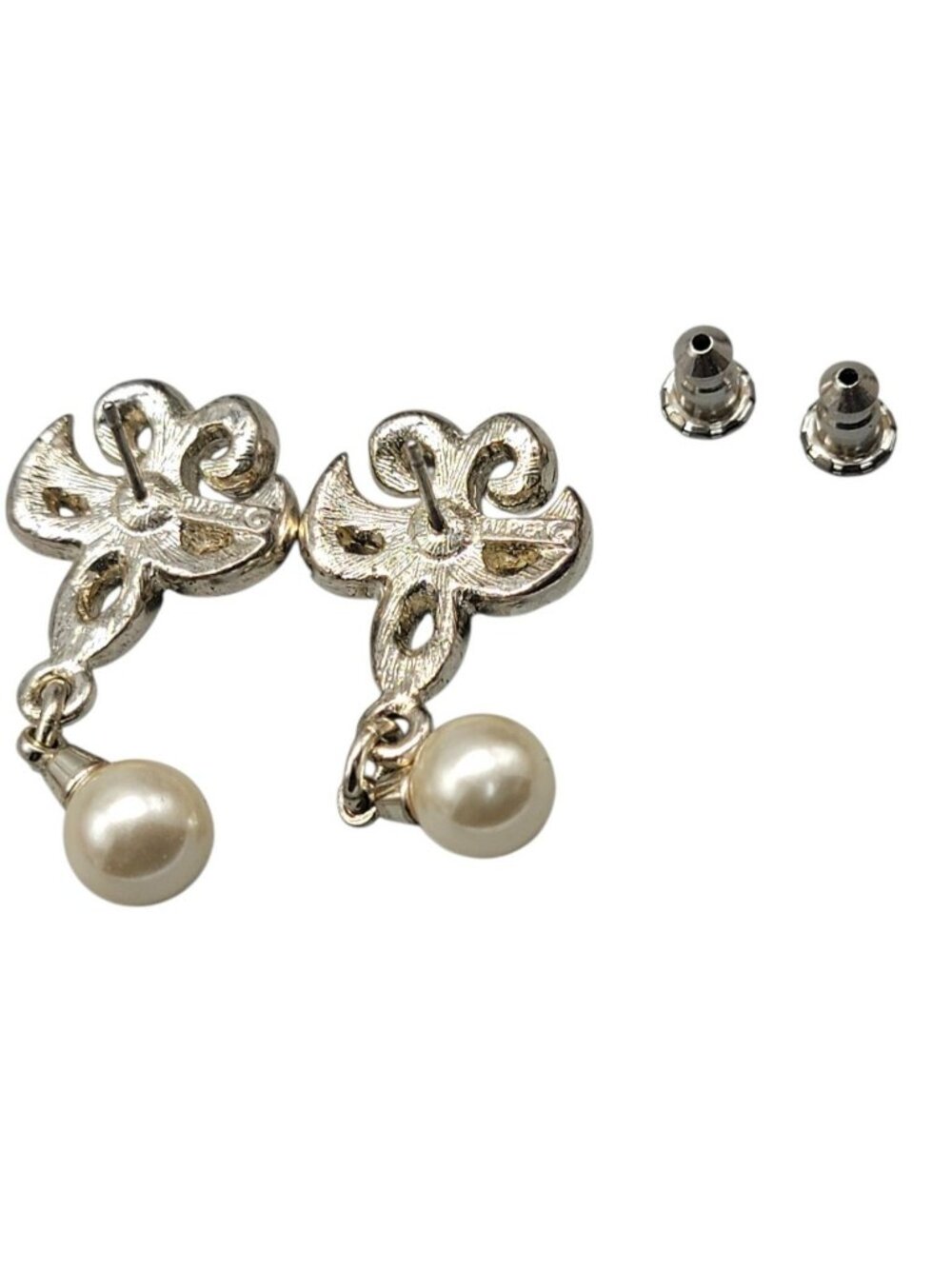 Vintage Napier Fleur-de-lis Rhinestone Pave Post Earrings Dangling Faux Pearl - Picture 8 of 12